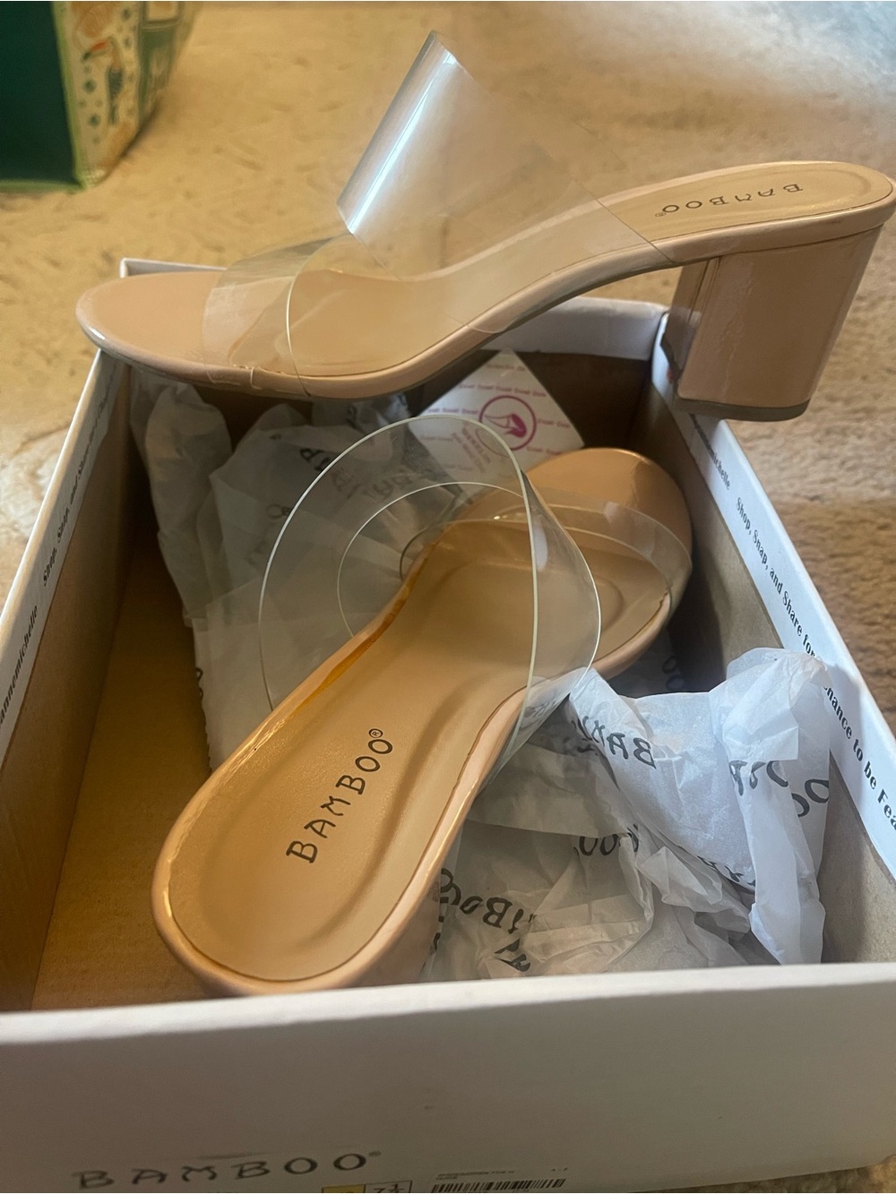 BAMBOO Clear Strap Nude Block Heel Mule